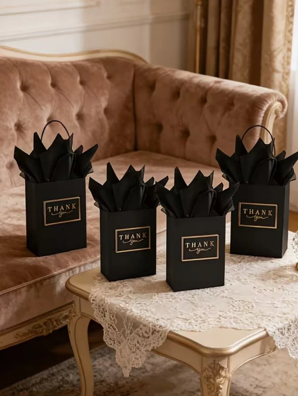 Set of Black And Gold Thank You Gift Bag Set With tissue Paper (50)
